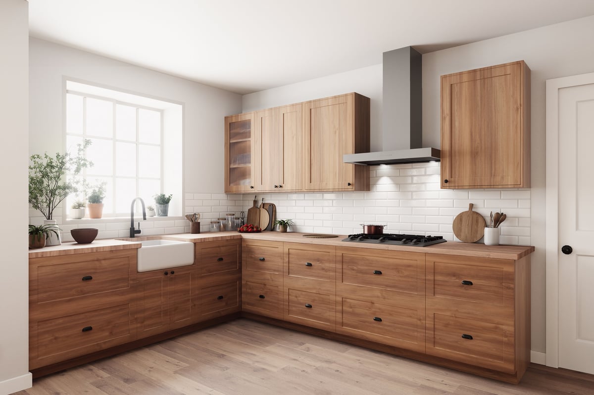 This stylish kitchen features wooden cabinets and modern appliances, creating a bright, inviting space for cooking. 3d render