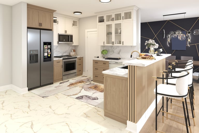Stylish kitchen featuring open space design, marble countertops, wooden cabinets, and elegant bar stools
